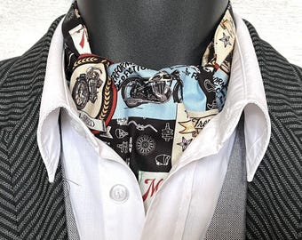 Reversible Cotton Cravat, Motorbike Print & Paisley on the Reverse Side, Ascot for Men