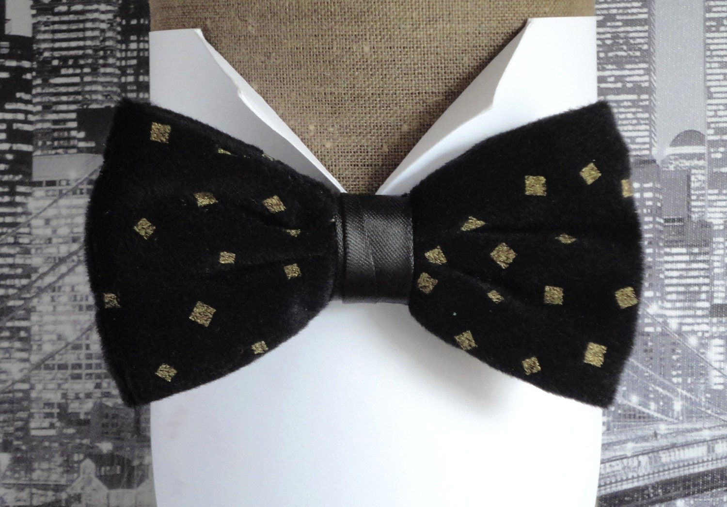 Bow Tie, Gold Print on Black Velvet, Pre Tied Bow TIe, Bow Ties For Men