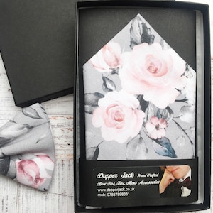 Pale Pink Roses Print on Grey Cotton Pocket Square
