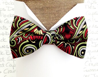 Bow ties for men, Paisley bow tie, Pre tied or self tie, sage, red and gold print on black