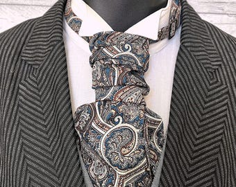 Brown and Teal Paisley Scrunchy Wedding Cravat, Pre-tied on an Adjustable Band.