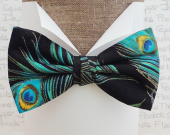 Bow Ties For Men, Peacock Feather Print Bow Tie, Bow Ties UK, Pre Tied Bow Tie, Silk Matching Pocket Square