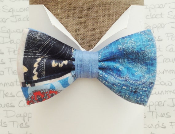 Velour and silk one off bow tie, bow ties for men, blue pre tied bow tie