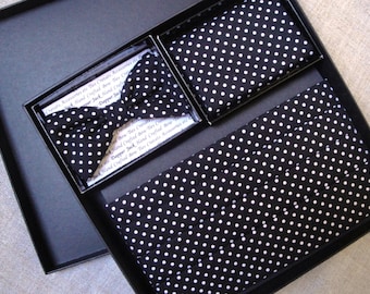 Cummerbund Bow Tie and Pocket Square Set.  Black with white spots cotton fabric.