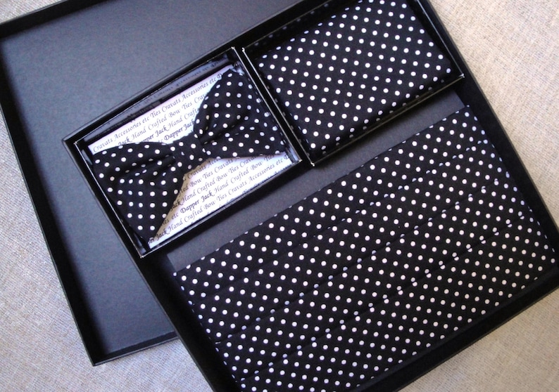 Black with white spots cotton fabric. Cummerbund Bow Tie and Pocket Square Set
