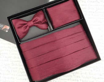 Burgundy silk cummerbund set, self tie or pre tied bow tie