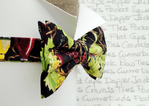 Red Grapes bow tie Glass of wine and bottle pattern pre-tied shape by Bow Tie House