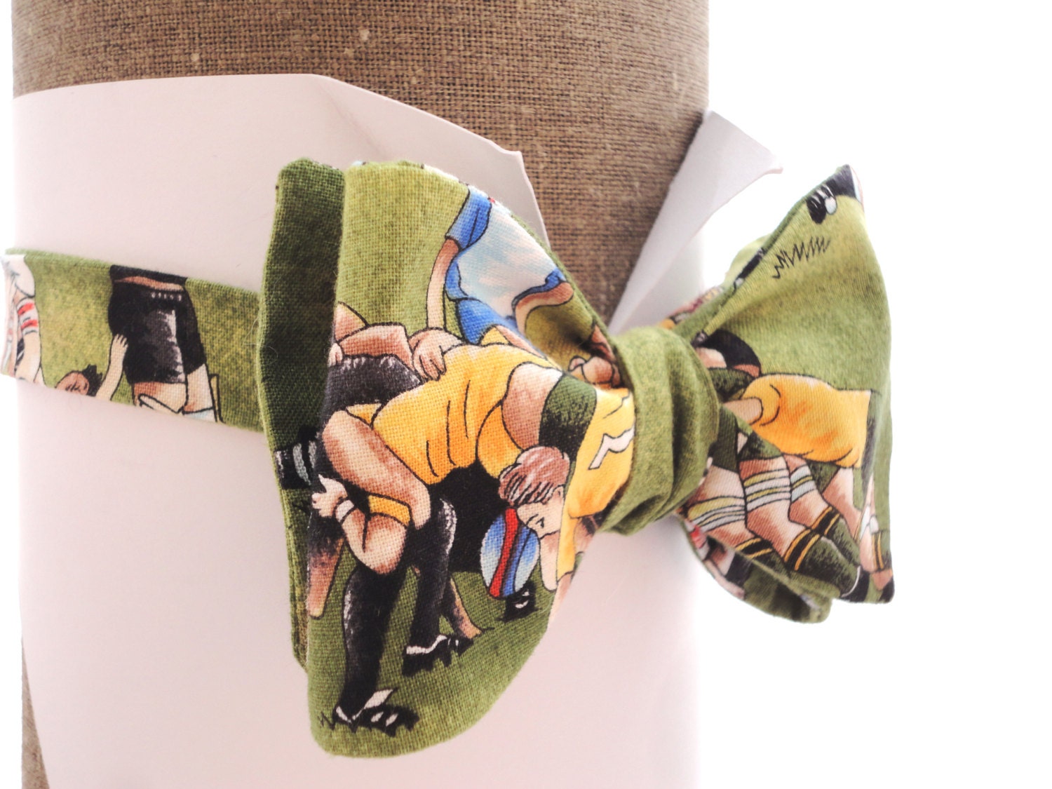 Self tie or pre tied bow tie in rugby print, will fit neck size up to