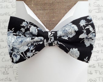 Bow ties, bow ties for men, floral bow tie, white and grey roses on a black background pre tied or self tie bow tie