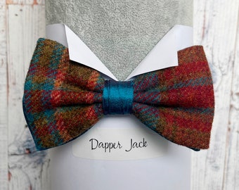 Turquoise Silk and Tartan Wool One Off Pre Tied Bow Tie