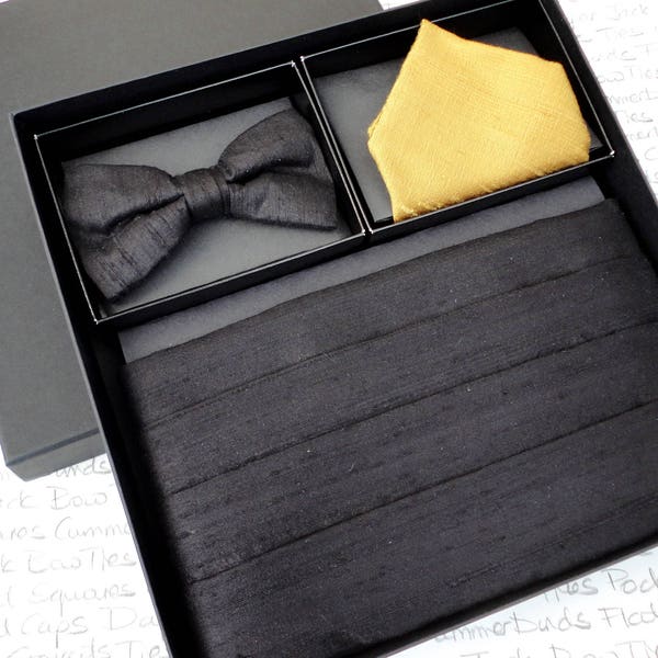 Cummerbund, Bow Tie and Pocket Square Set, Black Silk, Gold silk pocket square