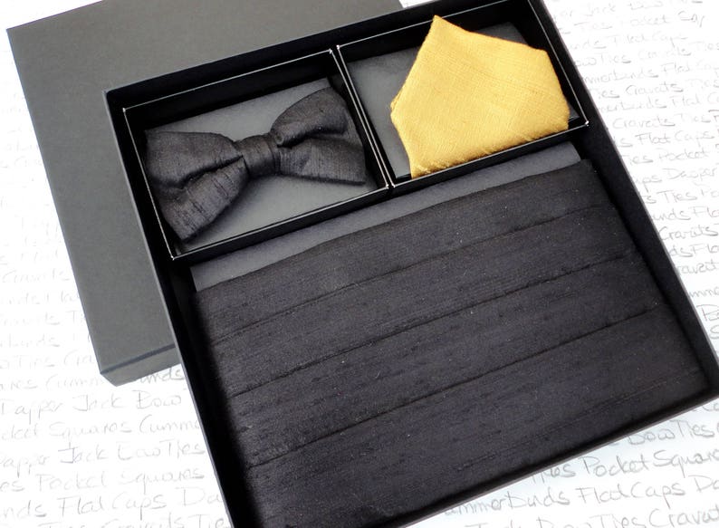 Cummerbund, Bow Tie and Pocket Square Set, Black Silk, Gold silk pocket square image 1