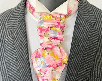 Scrunchie Wedding Cravat, Pink, Mustard and Aqua Floral Cotton Pre Tied Cravat