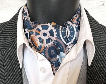 Reversible Cotton Cravat, Cogs and Timepiece Print & Paisley on the Reverse Side, Ascot for Men