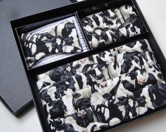 Cummerbund, Bow Tie and Pocket Square Set in a Crowded Cow Cotton Print, Perfect Gifts For Farmers