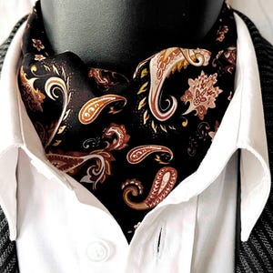 Paisley and Floral Reversible Cravat, Ascot, Shades of Gold And Brown ona Black Background