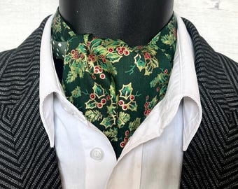 Green Holly Reversible Cravat with a Dark  Green and White Spot Fabric on the Reverse Side, Cravats For Men. Ascots For Men