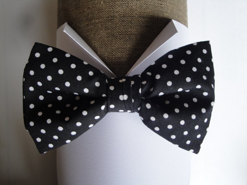 Black with white spots cotton fabric. Cummerbund Bow Tie and Pocket Square Set