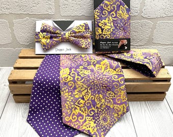 Bali Batik Gift Set, Cravat, Pocket Square and Bow Tie, Shades of Yellow and Purple