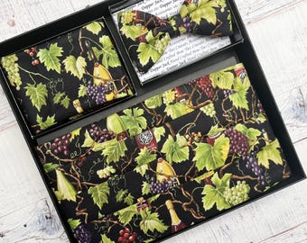 Cummerbund Set, Bow Tie, Pocket Square and a Pleated Cummerbund in a Wine and Vine Print on a Black Background Cotton Fabric