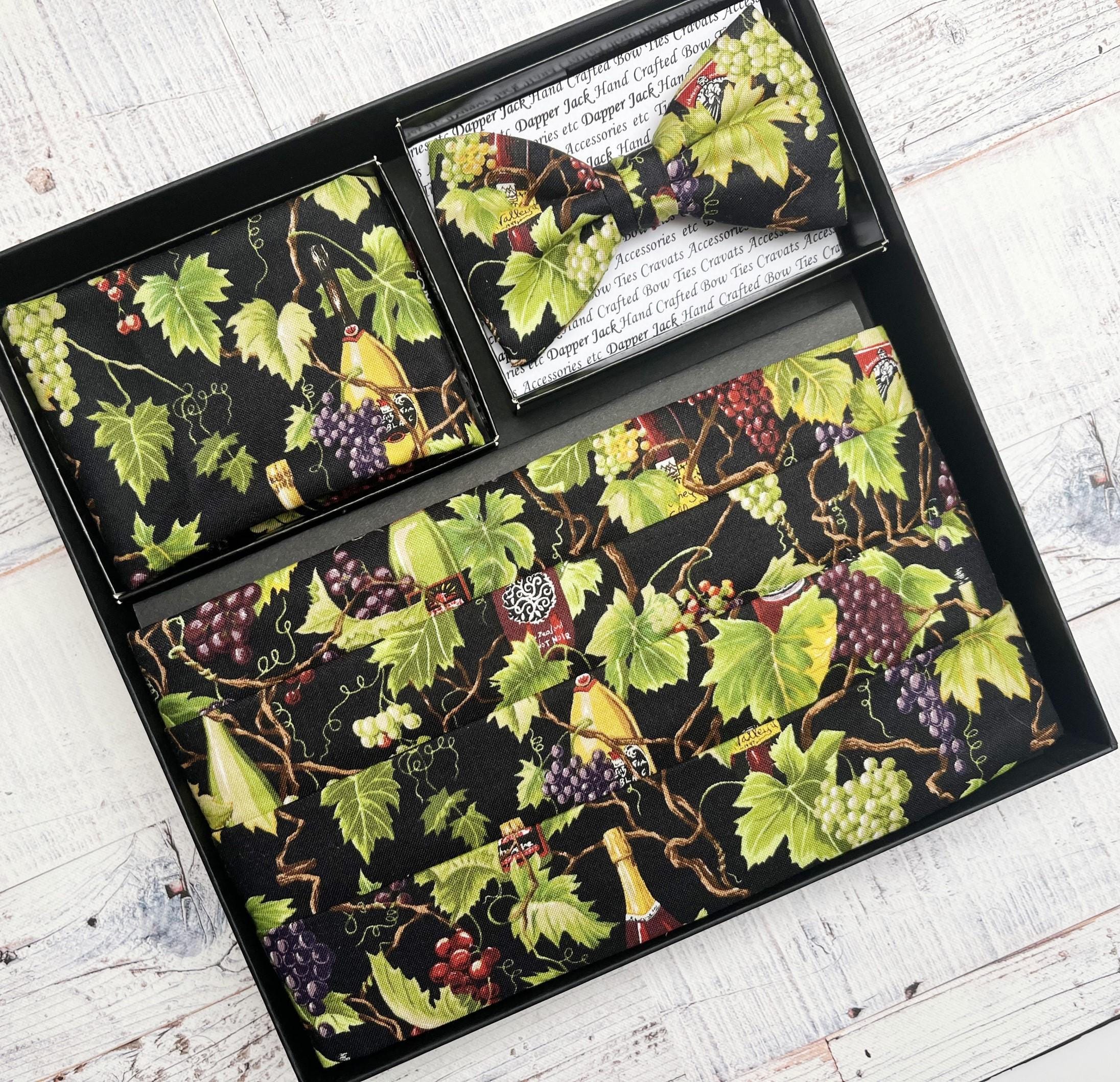 Cummerbund Set, Bow Tie, Pocket Square and a Pleated Cummerbund in a Wine and Vine Print on a Black Background Cotton Fabric