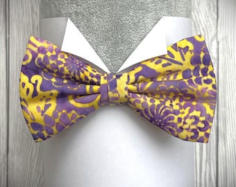 Bali Batik Cotton Print Bow Tie, Pretied or Self Tie, Shades of Yellow and Purple