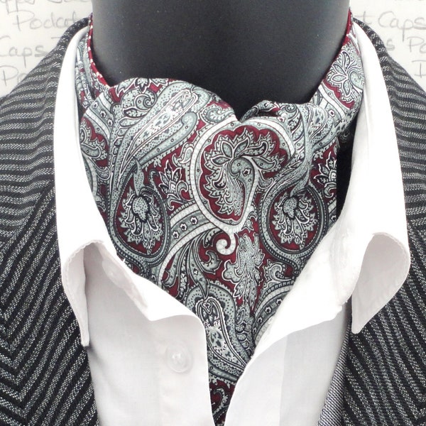 Burgundy and Forest Green Paisley Reversible Cravat, Burgundy and Cream Spot Fabric on the Reverse Side, Cravats For Men, Ascots For Men