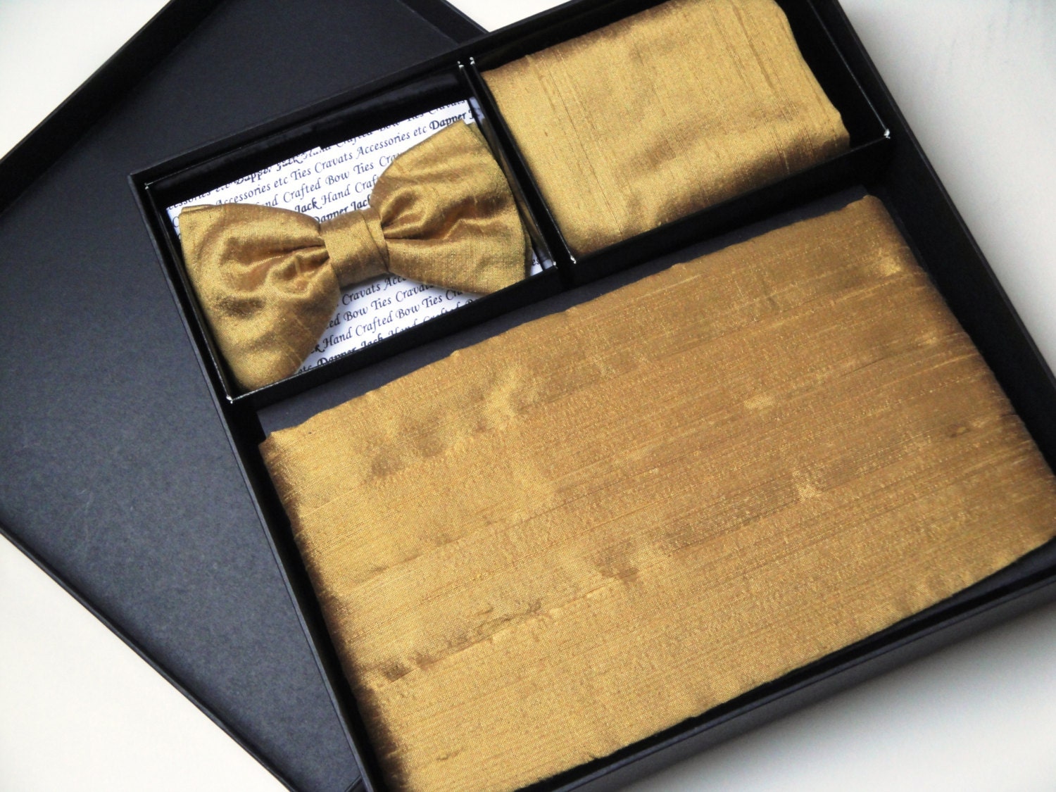 Cummerbund , bow tie and pocket square set in gold silk dupion, wedding