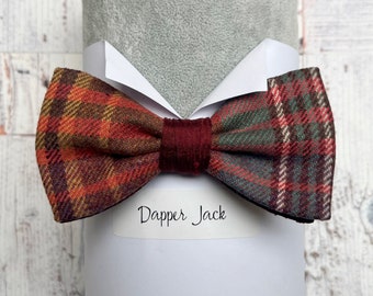 Wool Plaid Bow Tie with Burgundy Silk Trimming, One Off Bow Tie