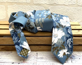 Floral Print on an Airforce Blue Background, Wedding Tie, Summer Suit Accessory