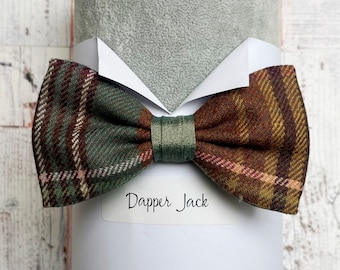 Sage Green Silk and Browns, Gold and Sage Wool Check Pre Tied Bow Tie, Only One Made