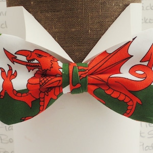 May include: A red and green bow tie with a white background and a red dragon design. The dragon is a symbol of Wales.