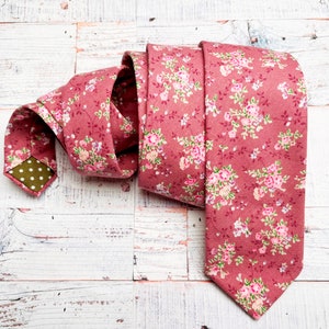 Dusky pink floral necktie in a standard width with an option to purchase a matching pocket square
