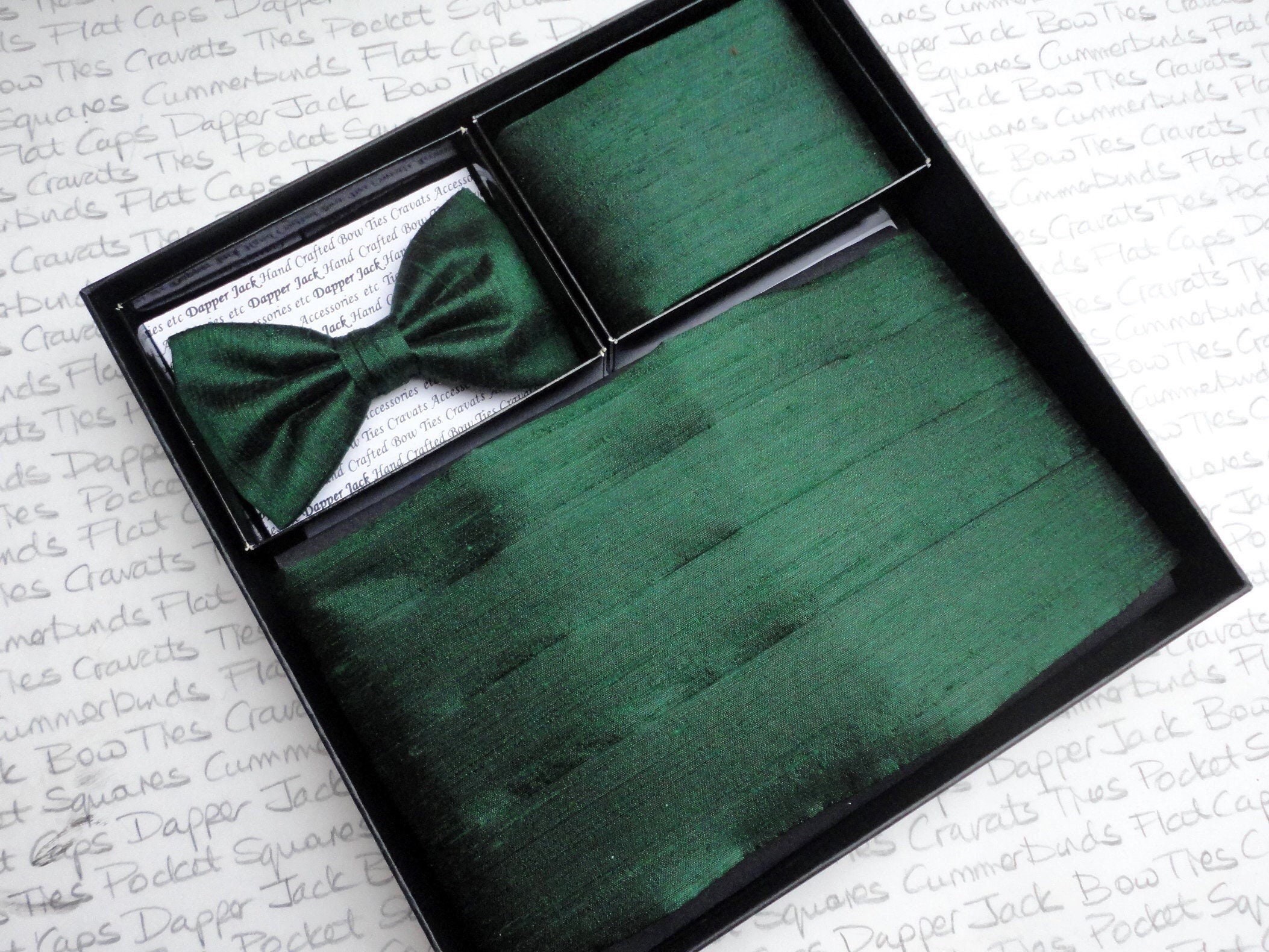 Cummerbund Bow Tie and Pocket Square Set in a Green Silk Dupion