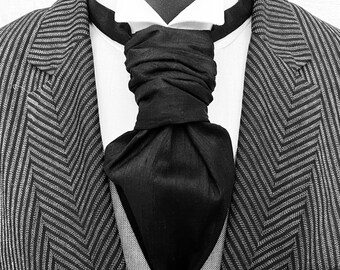 Black Silk Dupion Wedding Cravat, Ruched Pre-Tied Necktie