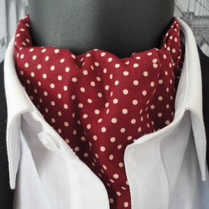 Reversible Cravat, Burgundy With Ivory Spots On One Side And Navy With White Spots On The Reverse Side.