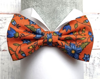 Blue Floral Design on a Burnt Orange Background Pre Tied or Self Tie Bow Tie