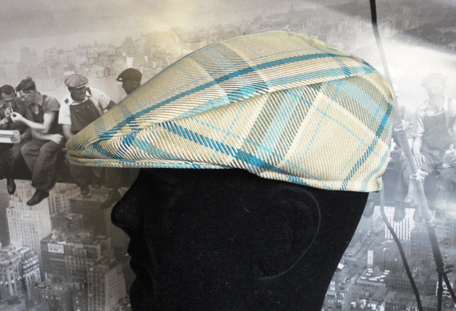 Flat Cap Beige and Turquoise Check Flat Cap Golfers Hat Etsy UK