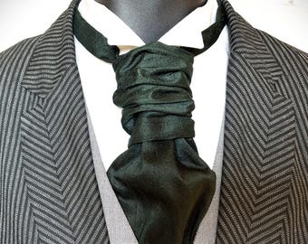 Dark Green Silk Wedding Cravat, Ruched Pre-Tied Necktie