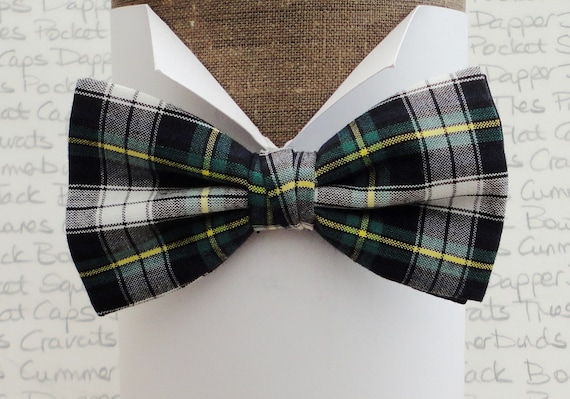 Bow ties for men, check bow tie, tartan bow tie, green, black, white, yellow check bow tie