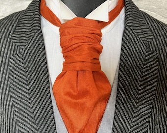 Burnt Orange Silk Ruched Cravat, Pre-Tied Wedding Neckwear