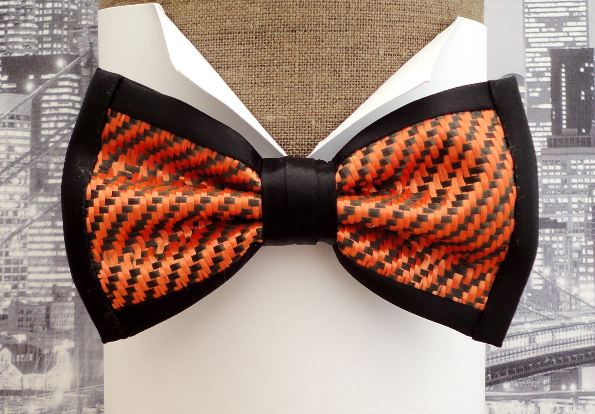 Carbon fibre bow tie, McLaren F1 colours bow tie, orange and black bow