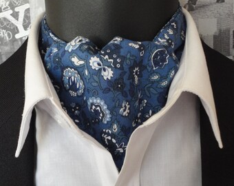 Cavat, Reversible Cravat, Blue Floral Cravat, Blue Flower Print Cravat, Cravats for Men,