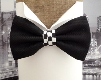 Bow ties for men, black panama bow tie with a touch of chequered flag in the centre