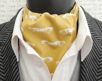 Sports Car Print Cravat In A Mustard Cotton Fabric, Reversible