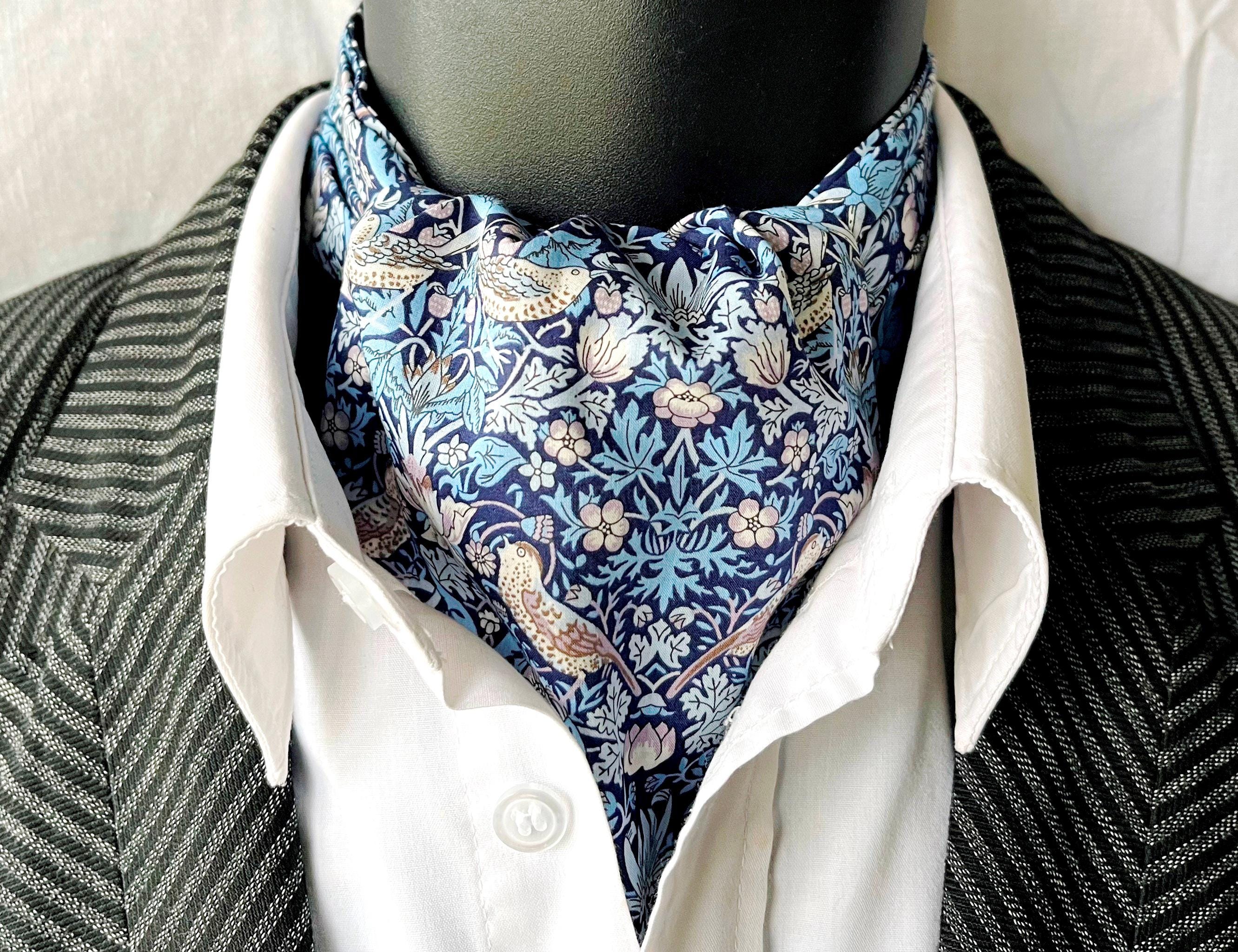 Cravat / Ascot in Liberty Print Cotton Lawn, Pale Blue and Navy Strawberry Thief with Navy Spot on the Reverse Side