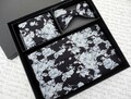 Cummerbund set, pre tied or self tie bow tie, pocket square, grey and white roses on a black background