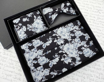 Cummerbund set, pre tied or self tie bow tie, pocket square, grey and white roses on a black background