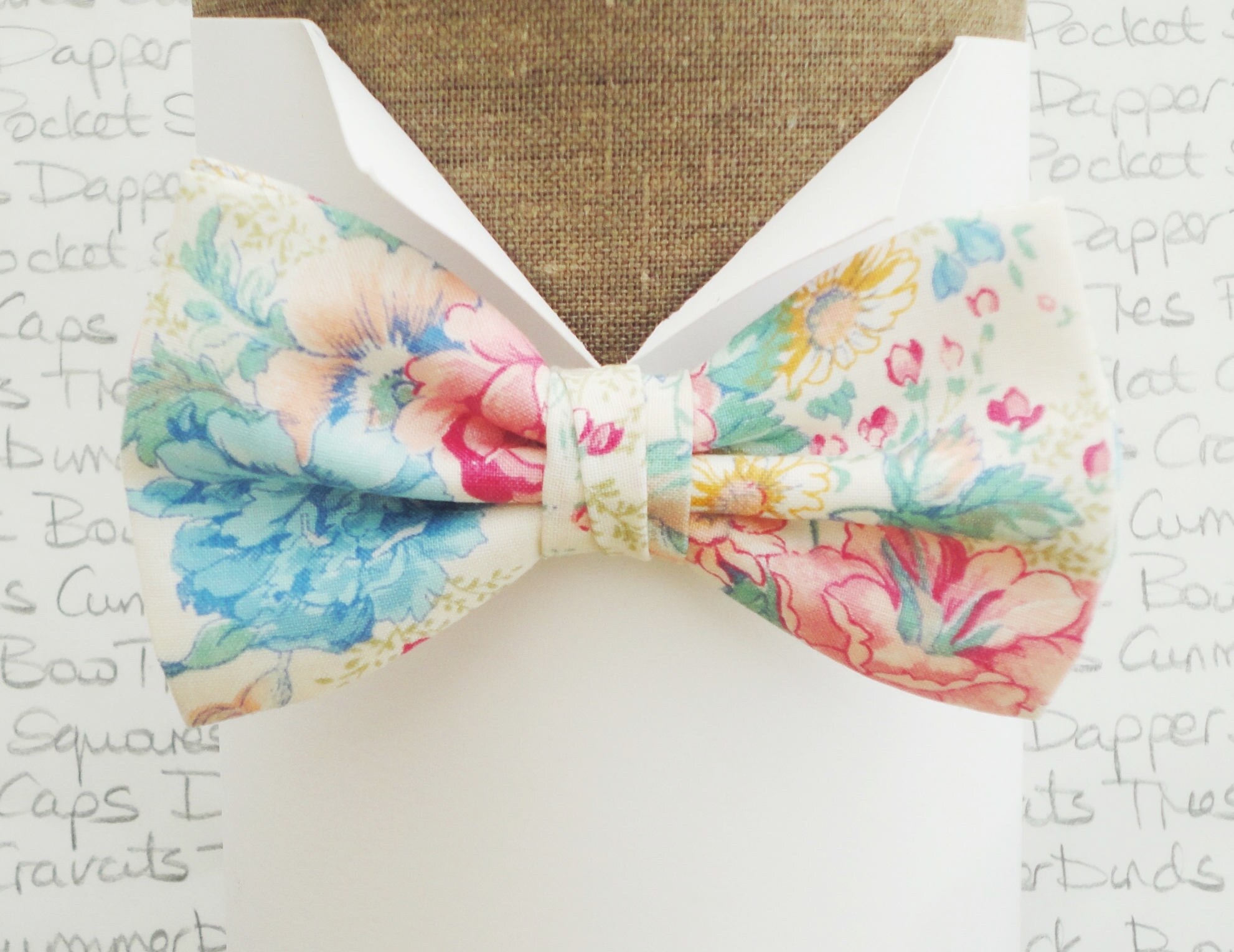 blue and pink floral bow tie