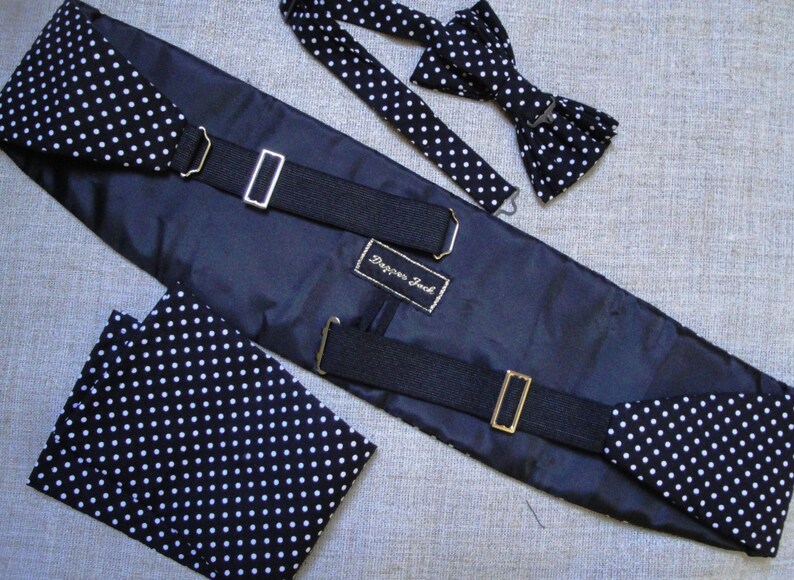 Black with white spots cotton fabric. Cummerbund Bow Tie and Pocket Square Set
